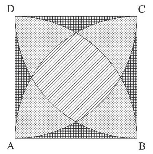Square ABCD with four arcs from each vertex creating three differently-shaded regions
