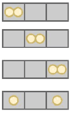 Four 1x3 grids, each showing a different valid placement of 2 coins with pairwise prime distances