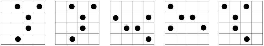 Five example 4×4 board patterns